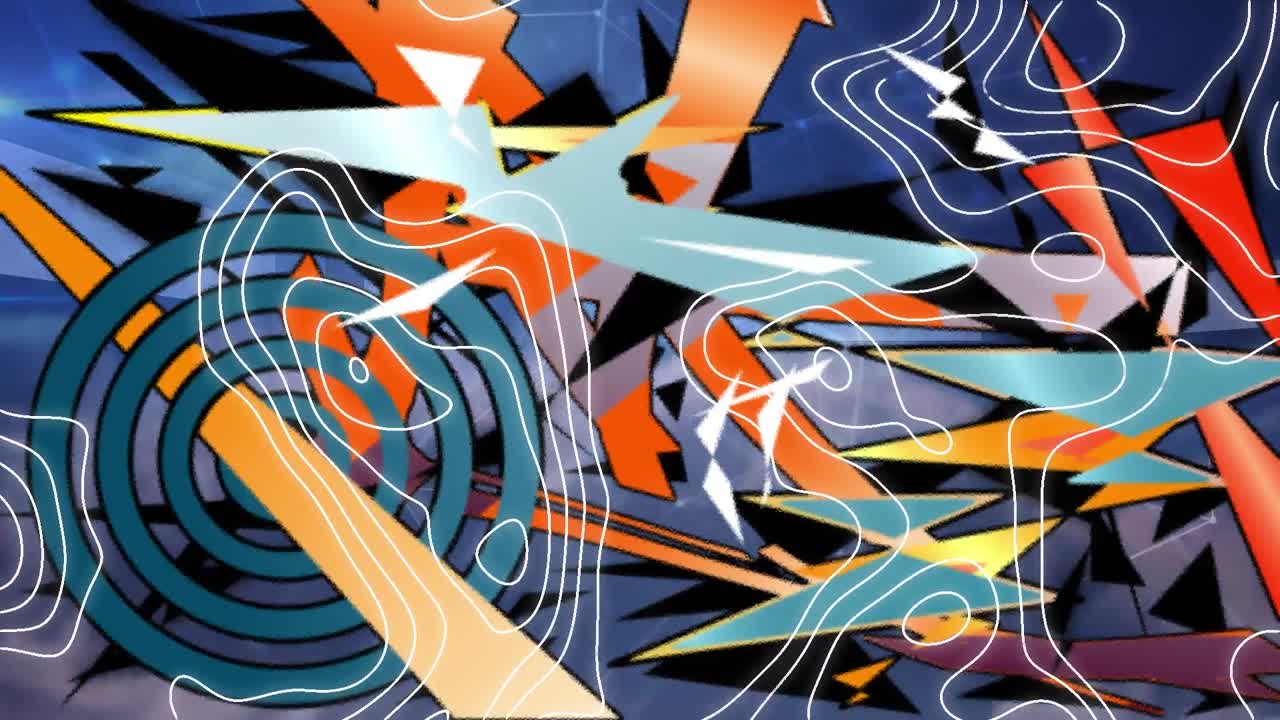 formas abstractas de colores y topografía contra la red de conexiones y nubes en el cielo azul