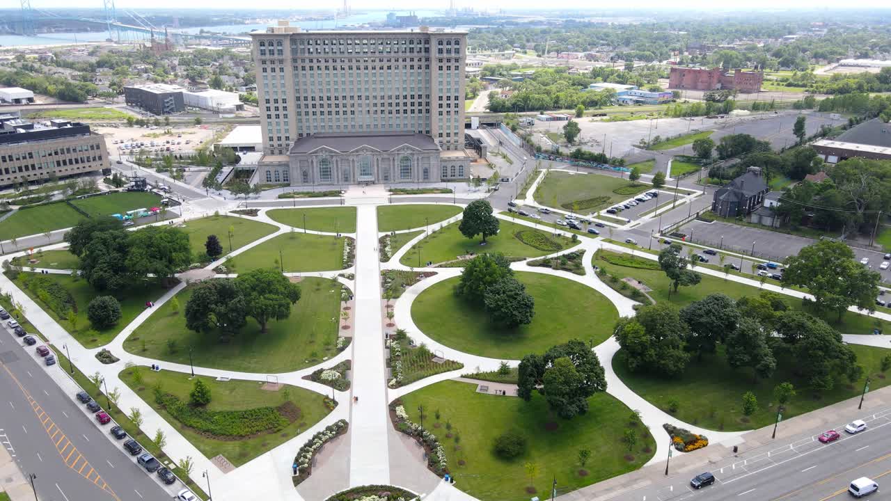 Restored Michigan Central Station building and Roosevelt park in the foreground, aerial view