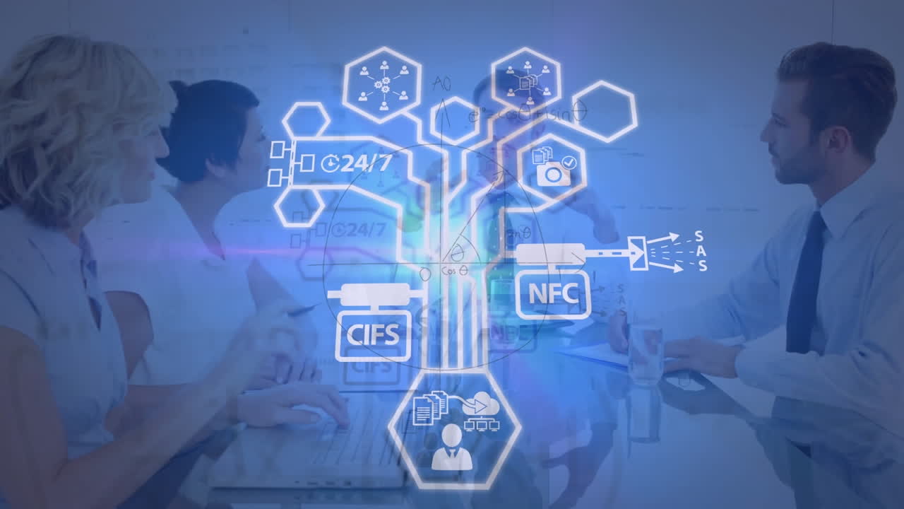 animación de iconos y ecuaciones matemáticas sobre diversos hombres de negocios discutiendo en la oficina.