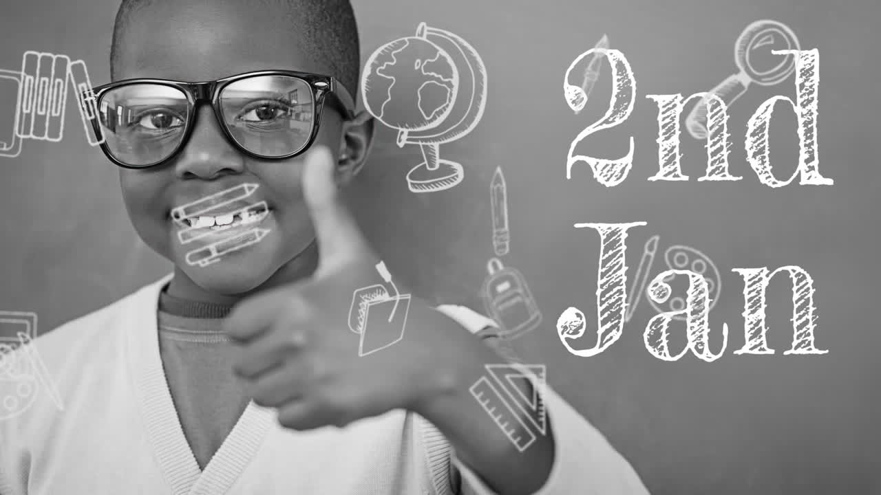 Animation of 2nd jan text over smiling african american schoolboy and school items icons