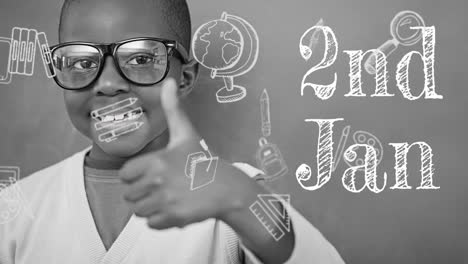 animación del 2 de enero texto sobre sonriente escolar afroamericano y iconos de artículos escolares