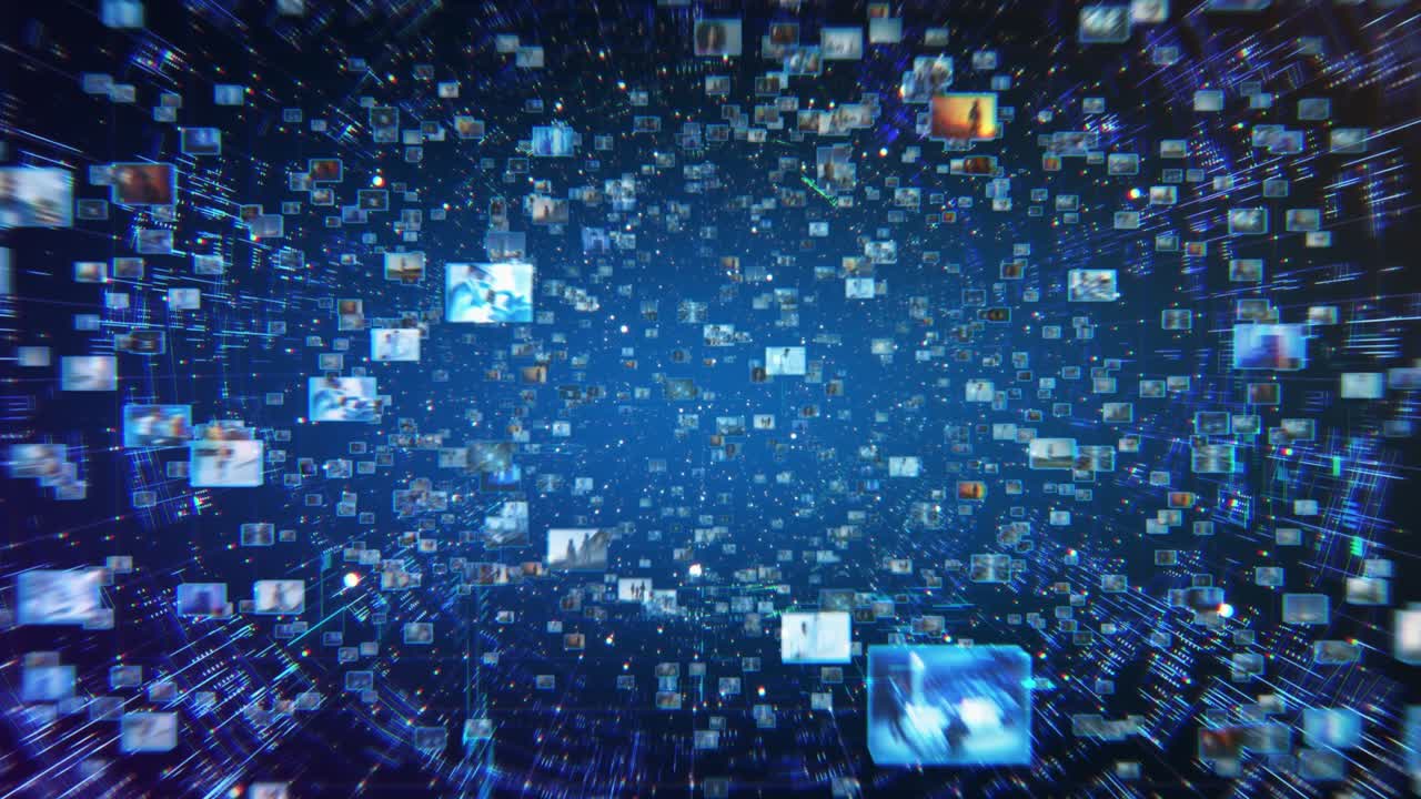 가상 소셜 미디어 현실과 함께 vfx 애니메이션 배경은 인터넷에 의해 전 세계 웹으로 상호 연결됩니다. 온라인 정보 공간에서 흐르는 비디오, 아바타, 프로필과 함께 사물의 인터넷 개념.