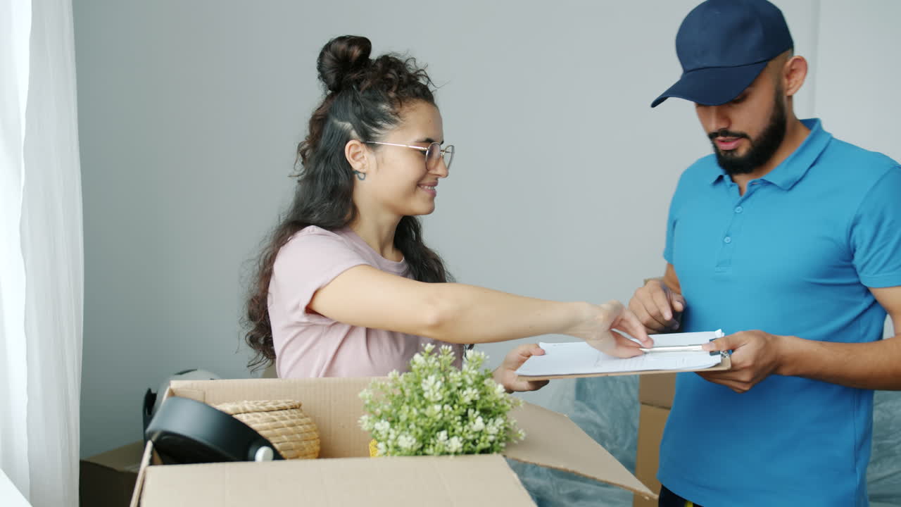 Woman Receiving a Delivery and Signing Documents