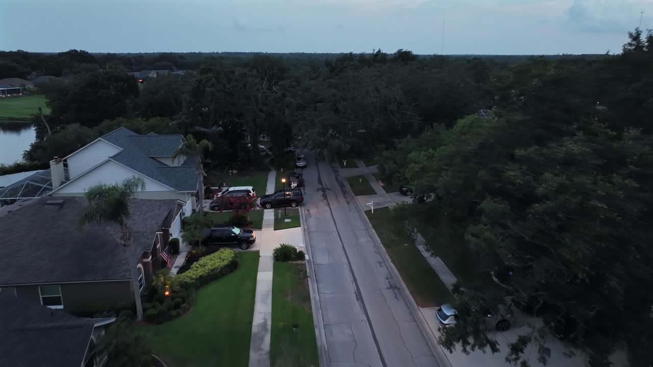 Creek View Drive Residential Homes At Dusk In Riverview, Florida, United States. Aerial Drone Shot