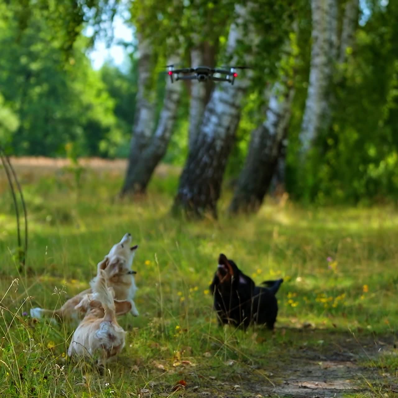 Dogs bark on drone. Pedigree pets playing in the forest. Drone flies over the domestic animals. Pets jump to catch drone on beautiful nature background.