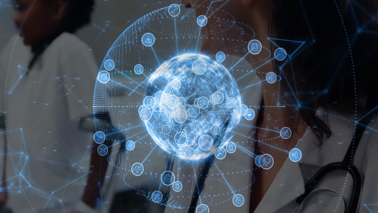 doctor with stethoscope standing behind holographic globe in clinic, displaying health tech icons