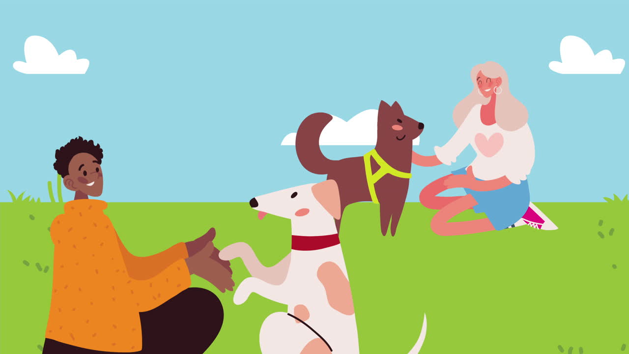 공원 에서 개 들 과 함께 있는 사람 들