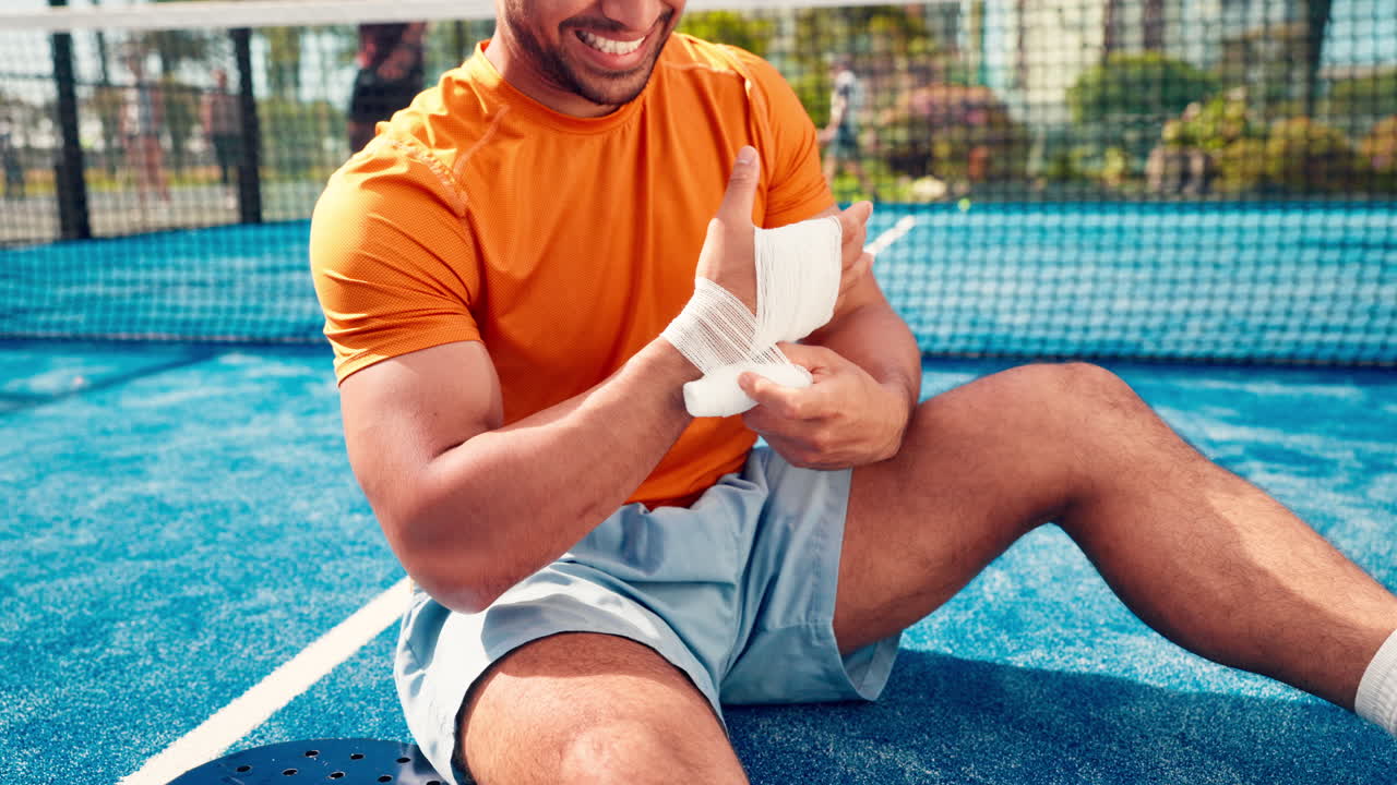 Uomo che si fascia la mano con una benda su un campo sportivo blu