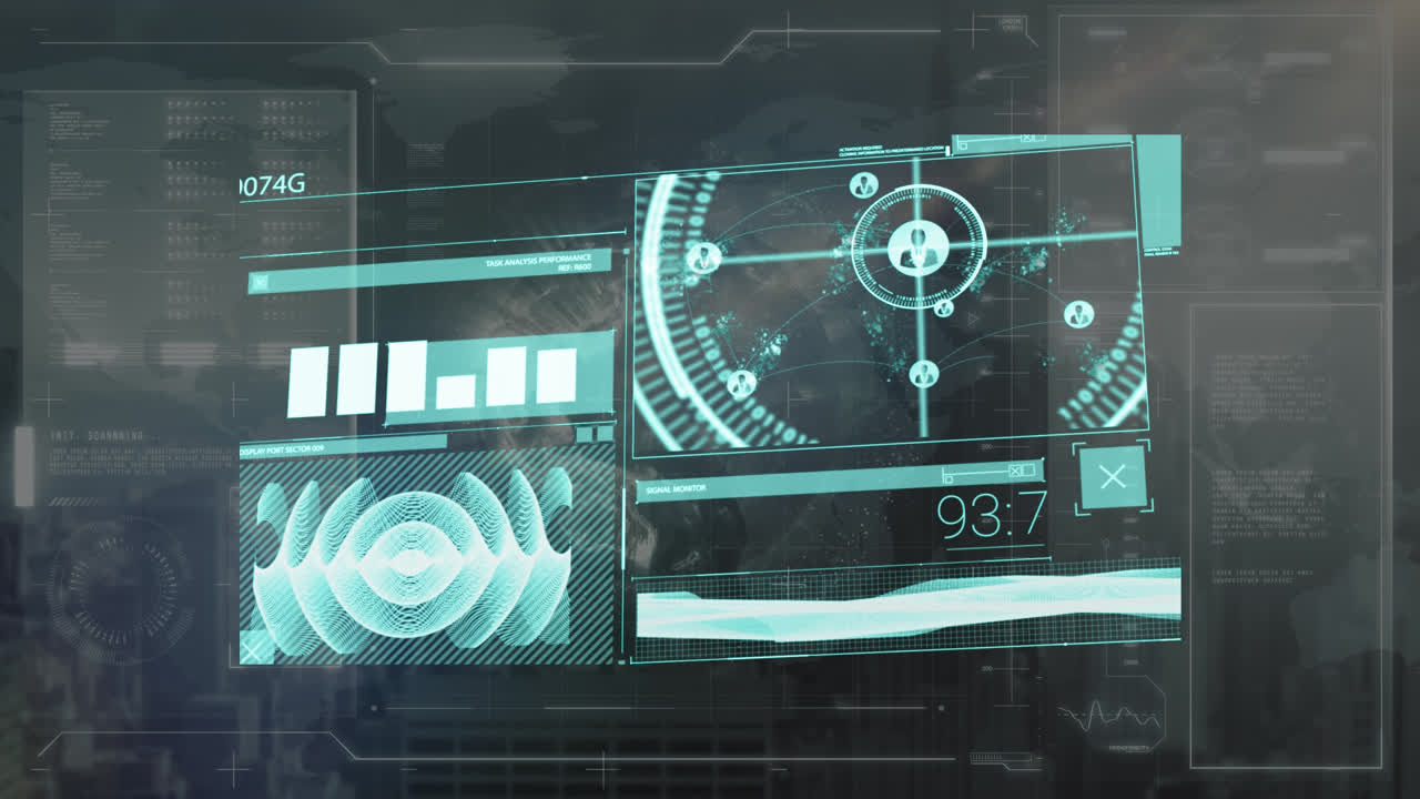 Animation of financial data processing over cityscape