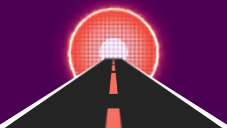 retro big sun with road in 80s style blurred focus. simple abstract motion 3d video loop vintage background.