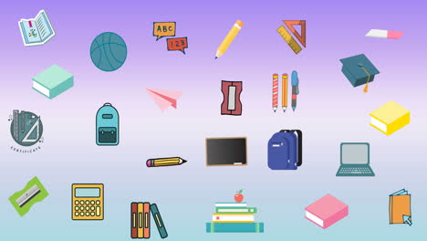 animation of multiple school concept icons against copy space on purple gradient background