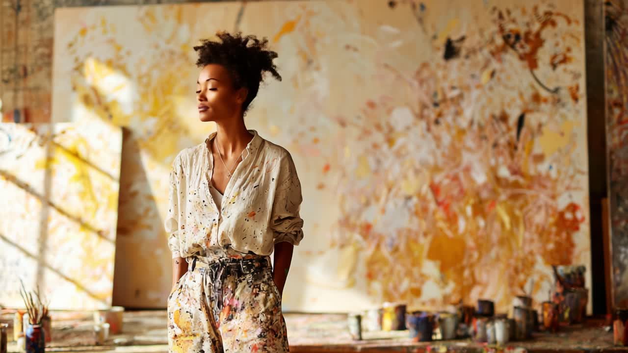 A confident artist stands proudly in a vibrant studio filled with abstract paintings, surrounded by splashes of color and artistic tools, showcasing creativity and passion for their craft