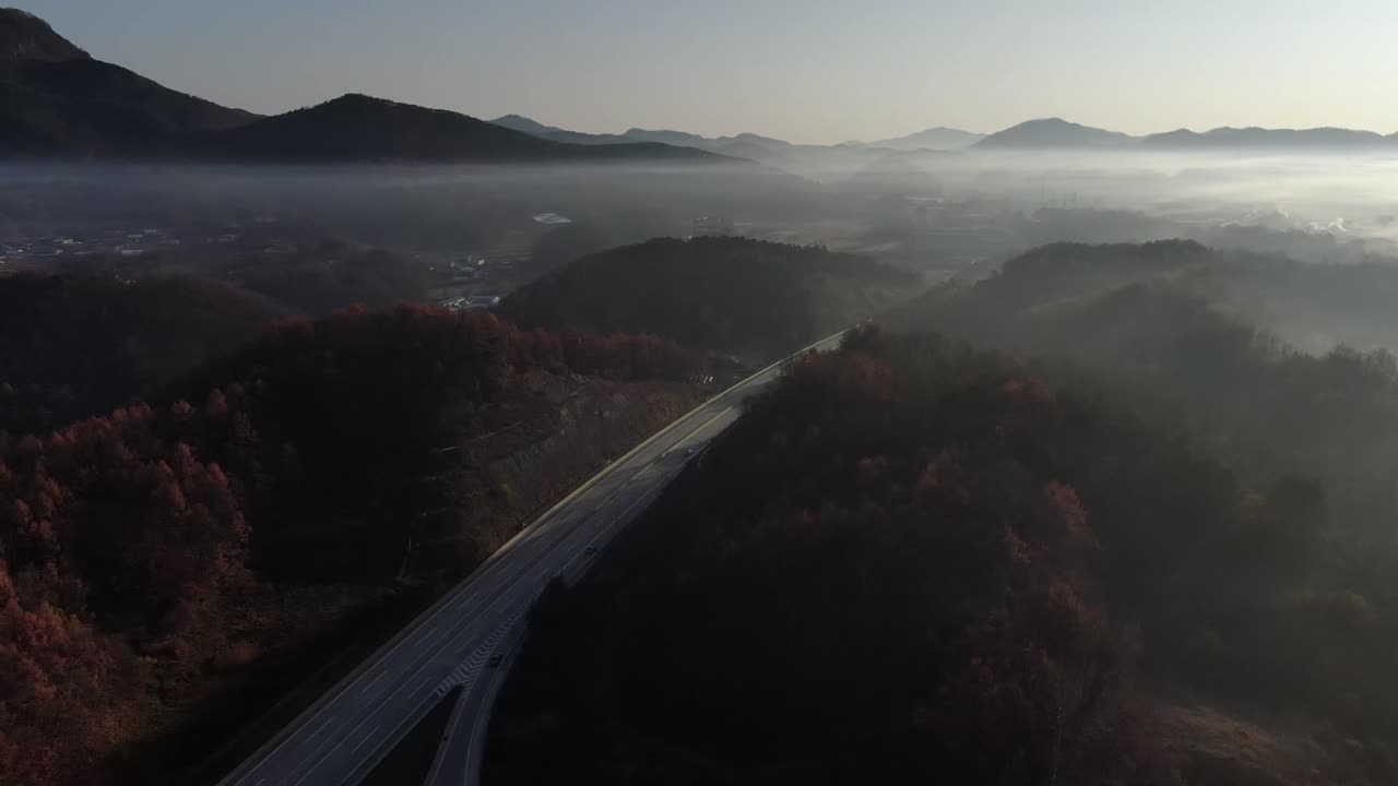 안개가 자욱한 가을 고속도로 장면