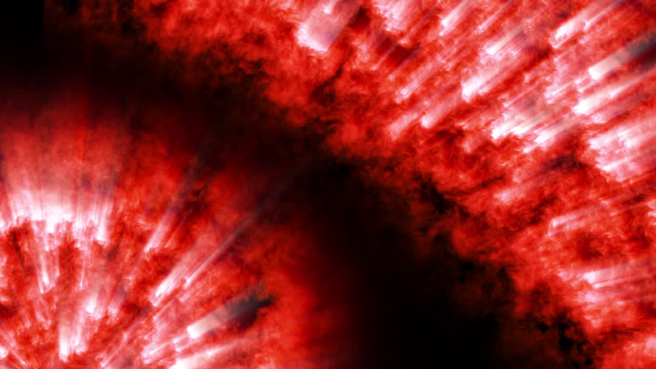 Sci-Fi-rotes Thema mit Lichtstrahlen. 4K abstrakter geloopter Weltraumhintergrund wie ein brennender Stern, von dessen Oberfläche Strahlen ausgehen. Hochenergetische Substanz, magische Kugel oder Feuerball