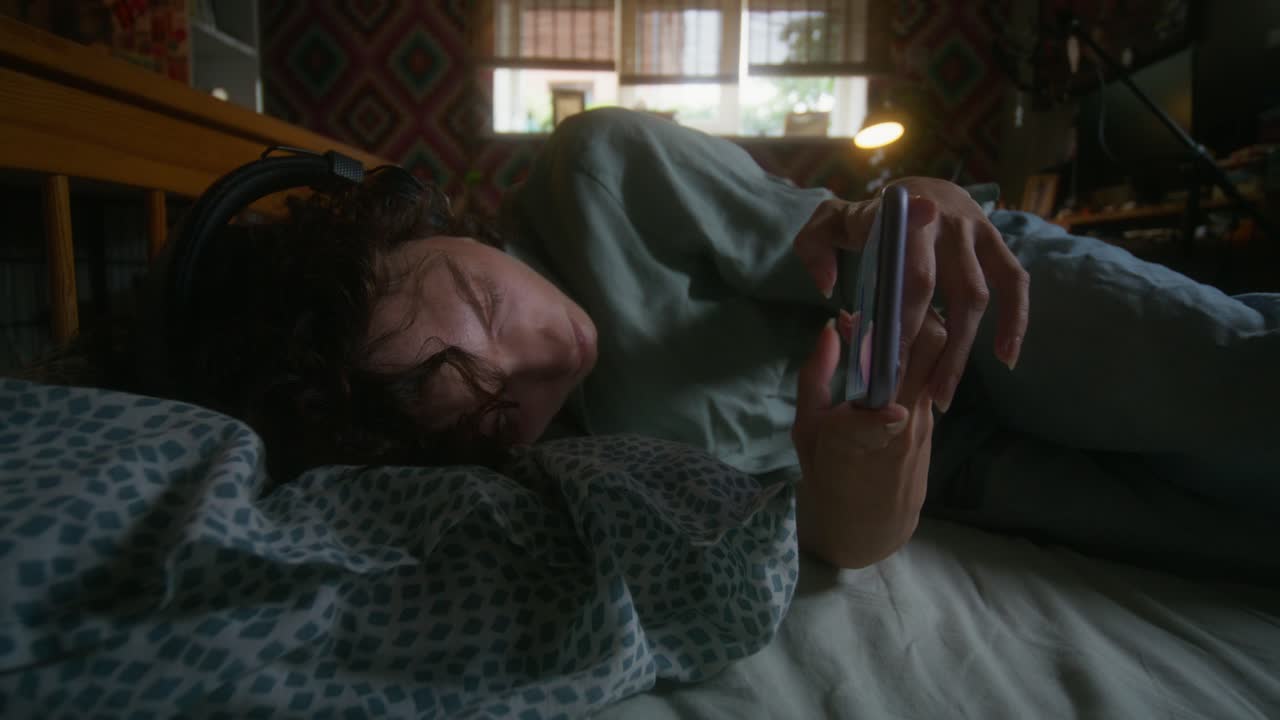 mujer acostada en la cama usando el teléfono