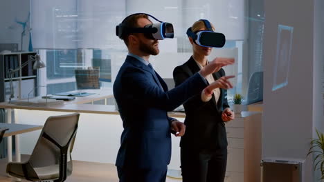 business professionals using virtual reality headsets in a modern office