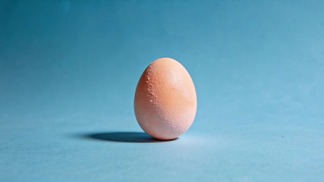 Recording single brown egg standing upright on blue backdrop and tabletop, showing shell texture
