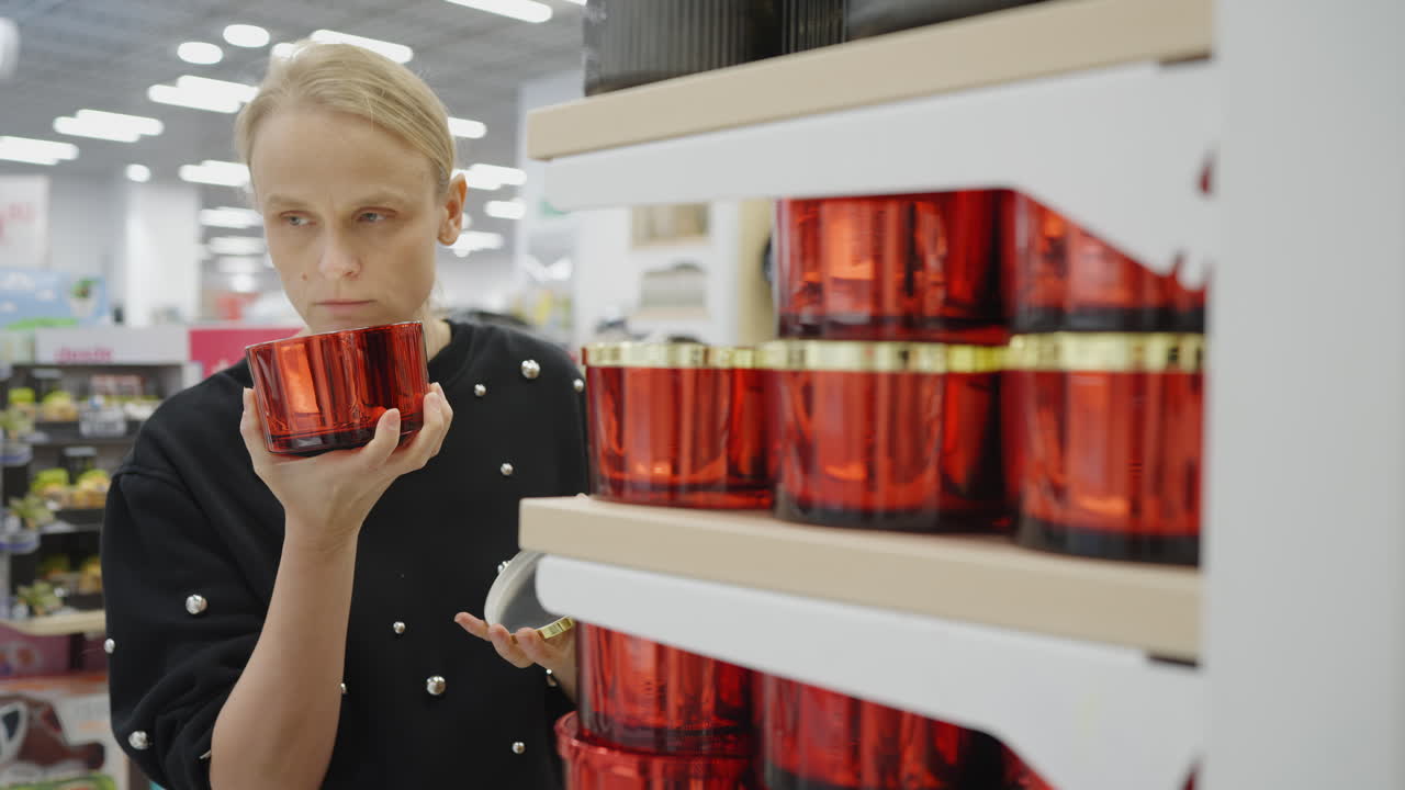 Donna che esamina un portacandele rosso mentre fa shopping in un negozio