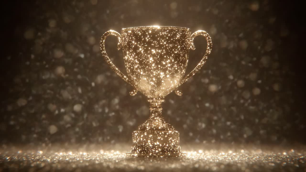 A Shimmering Golden Trophy Glistens Under Glowing Light, Surrounded by Sparkling Particles, Symbolizing Achievement and Celebration in a Captivating Display of Glory