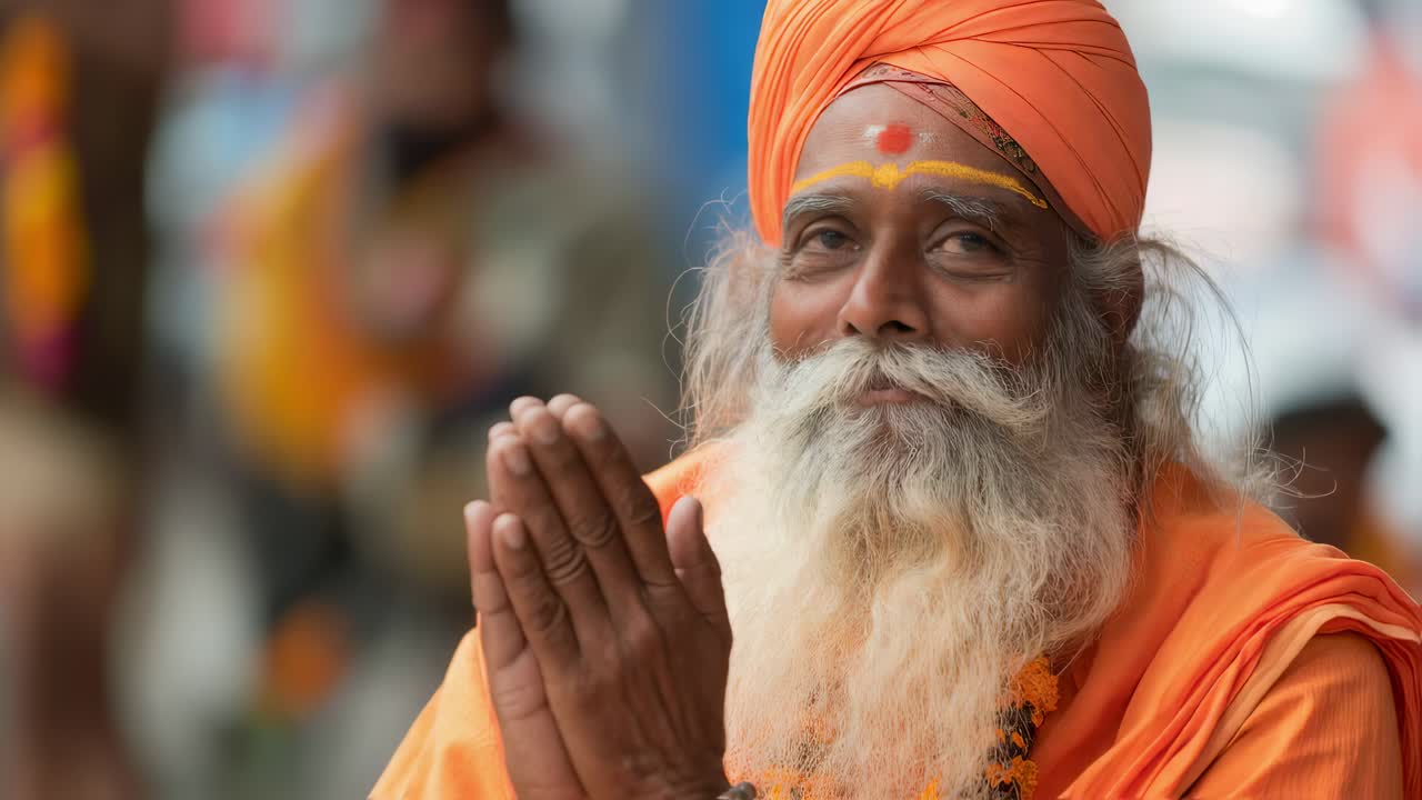 Elderly sadhu in vibrant orange turban, palms pressed together, radiating spiritual serenity and meditative wisdom with gentle, contemplative expression
