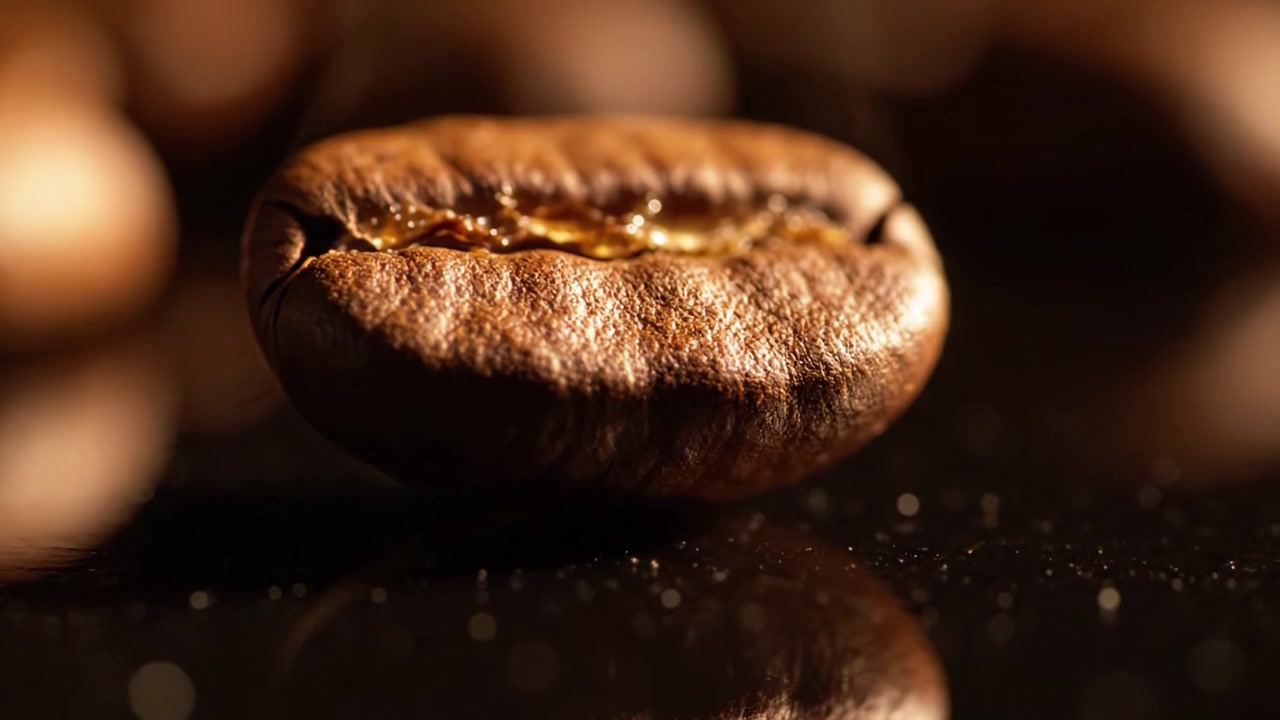 Kaffens rejse: Fængslende nærbillede af en ristet kaffebønne, der fremhæver dens rige aroma og blanke overflade under bryggeprocessen