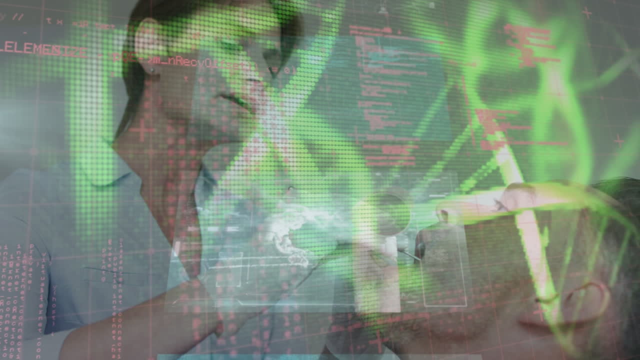 animación del procesamiento de datos sobre una paciente tratante de odontología caucásica