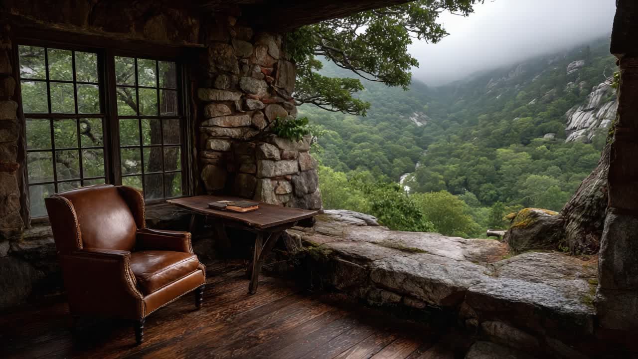A Cozy Corner with Scenic Views: A Tranquil Room Overlooking a Lush Green Valley Through Stone-Framed Windows in a Serene, Nature-Inspired Setting