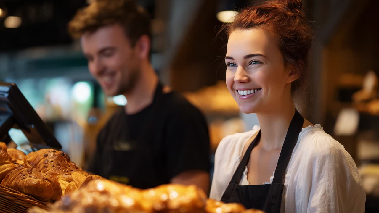 Una gioiosa esperienza in panetteria: un delizioso momento immortalato tra un barista sorridente e un'esposizione di pasticceria fresca, che mostra il calore e il fascino di un'atmosfera di panetteria di quartiere