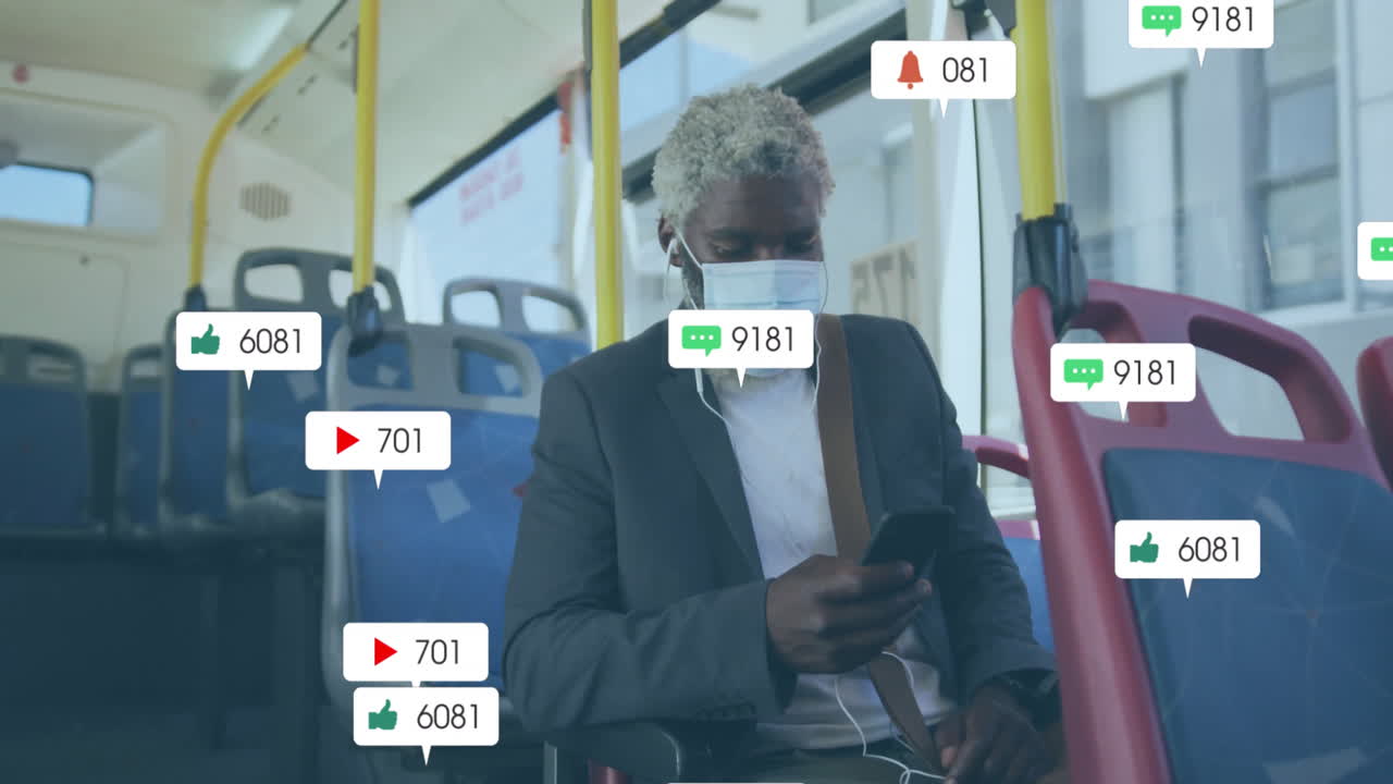 Wearing mask on bus, man using phone with animation of social media notifications