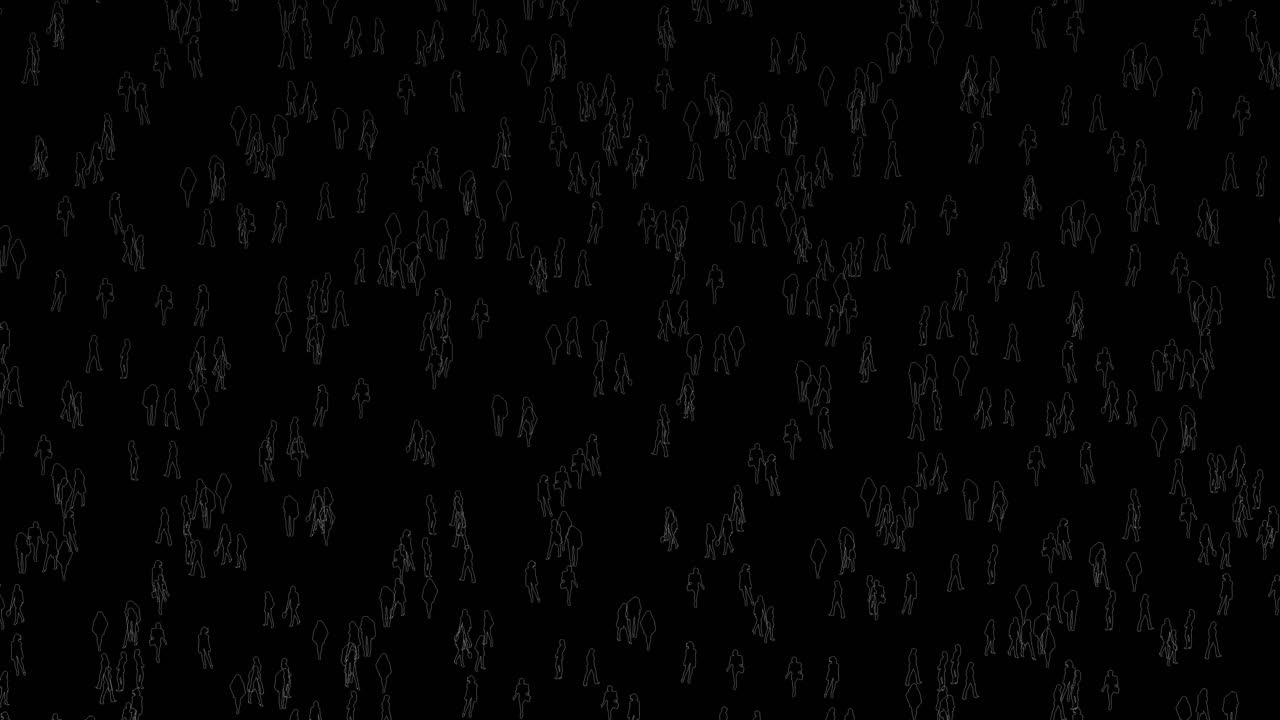 coming from massive outlines of people crowd to up high in the black background by flying camera in black isolated background