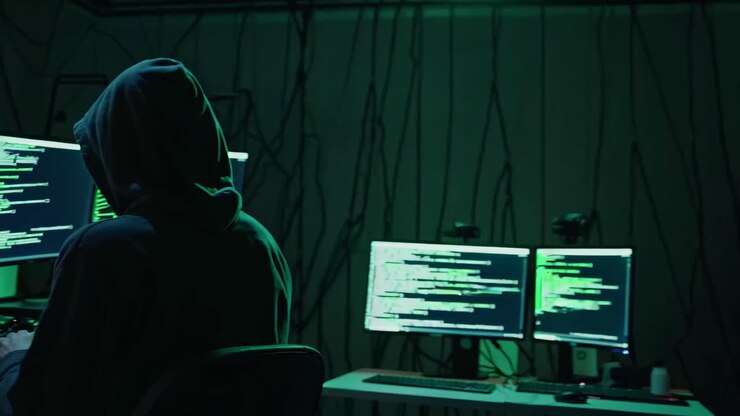 A dimly lit room with a hooded figure at a computer, viewed from behind