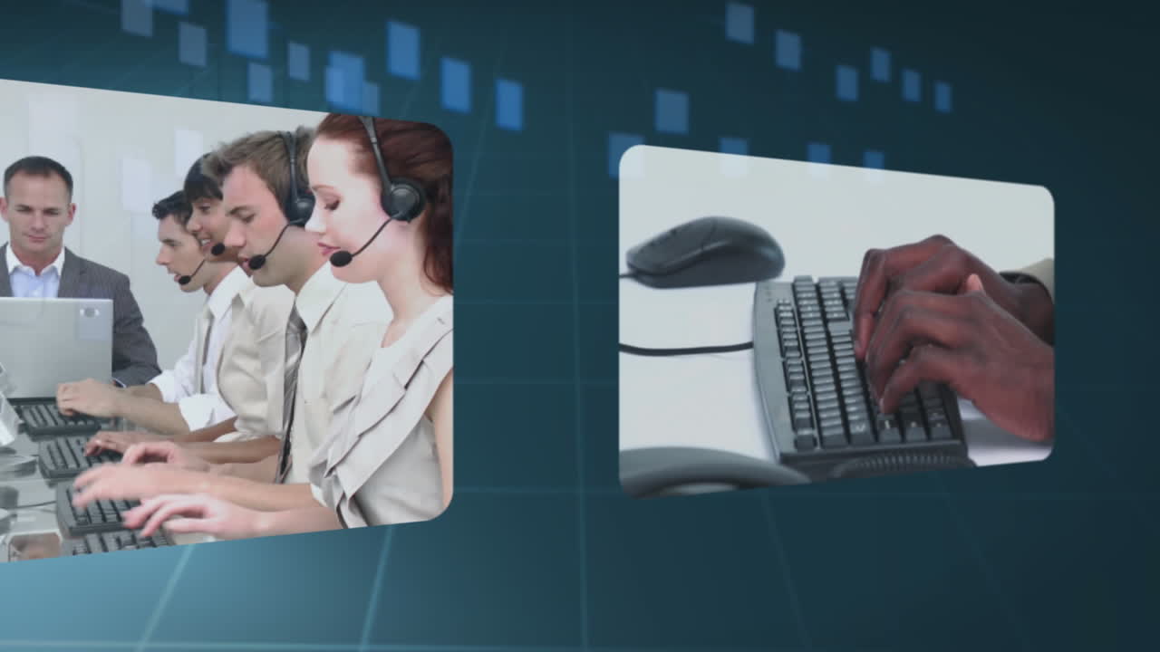 사업가들이 일하는 모습을 보여주는 스크린의 미래주의적 조립