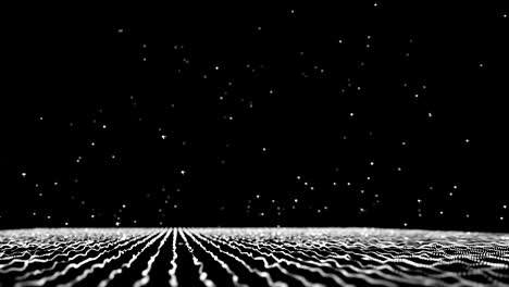Luminous spheres fall from top and bounce off a grid of moving dots generating other spheres. Bright spheres fall as rain drops on a floor.