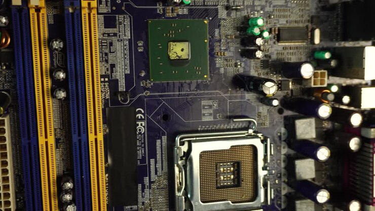 Panorering af nærbillede af computerbundkortkomponenter