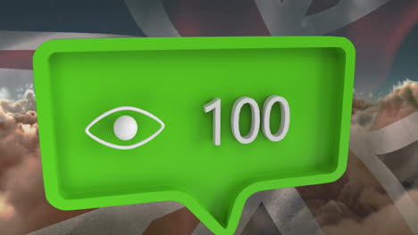 animation of speech bubble with numbers over clouds and flag of united kingdom