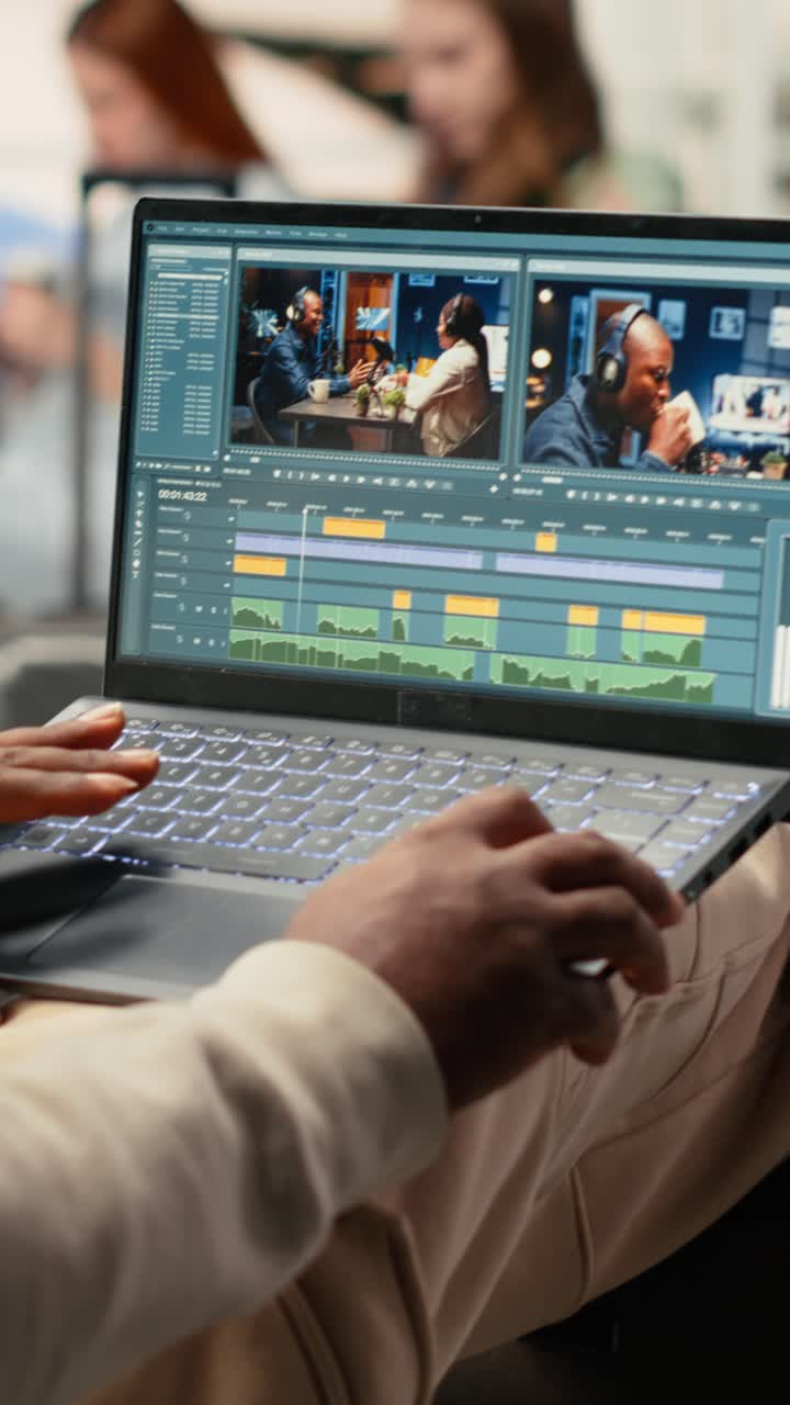 Vertical Video Black videographer reviewing film montage and editing in post production