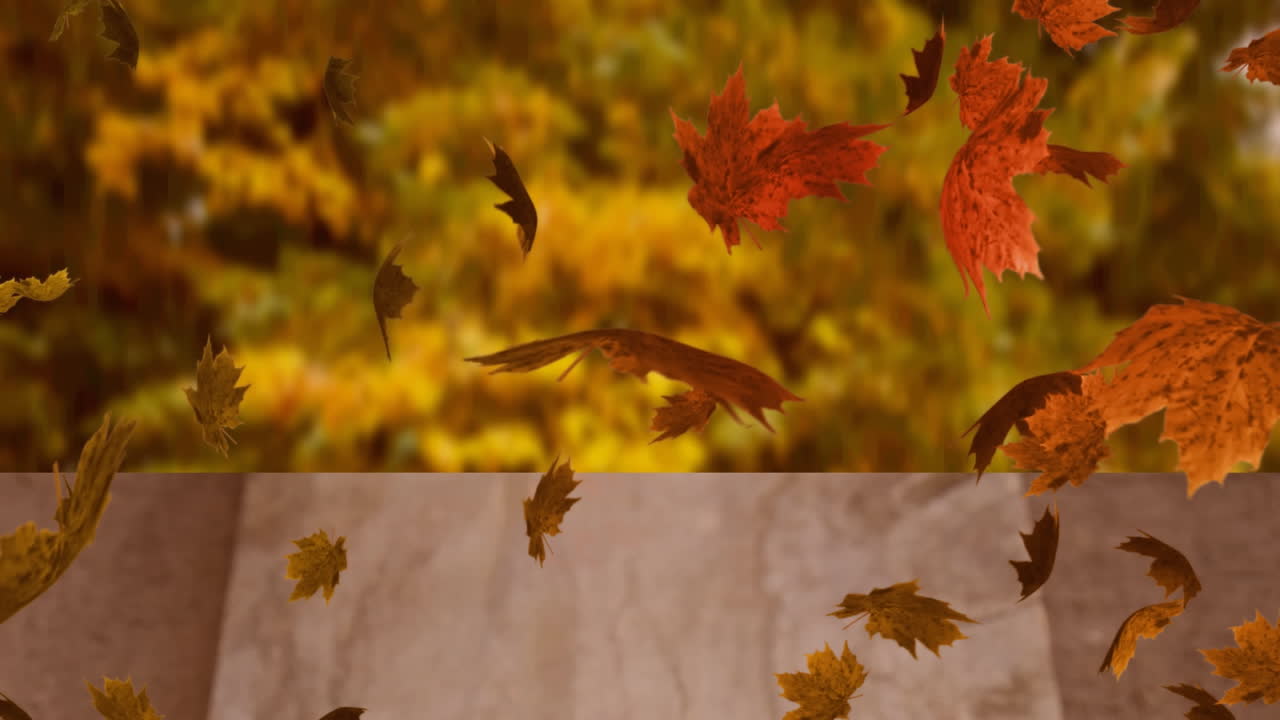 animación digital de múltiples hojas de otoño flotando sobre la superficie de madera contra el bosque