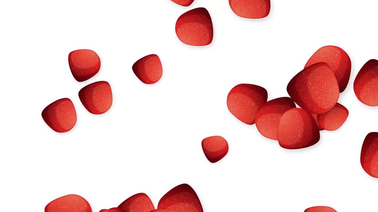 Red sugar-coated gummy candies fall and bounce across a clean white background in slow motion.