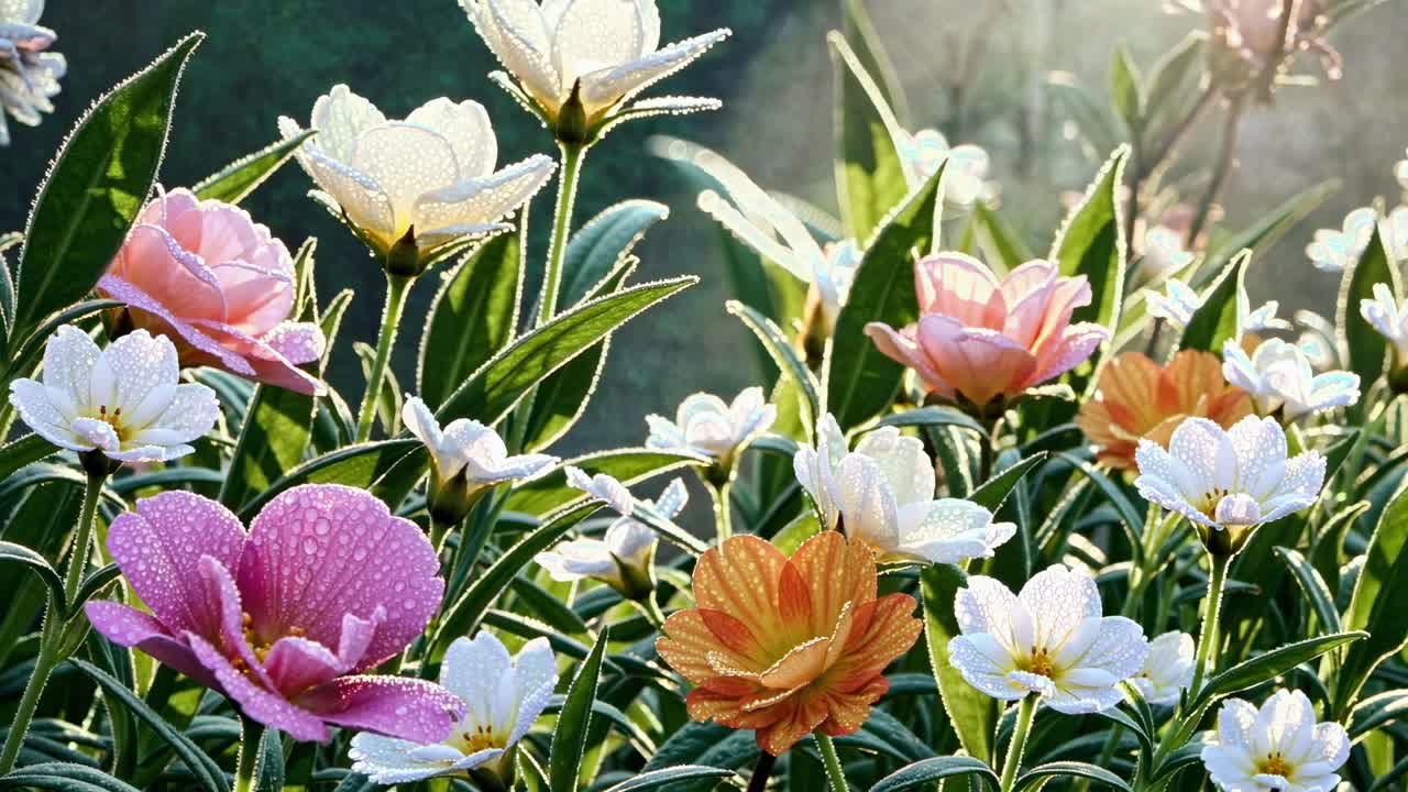 A close-up video captures vibrant flowers with dewdrops, shot from a low angle