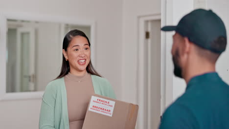 knock, woman smile and delivery man at door