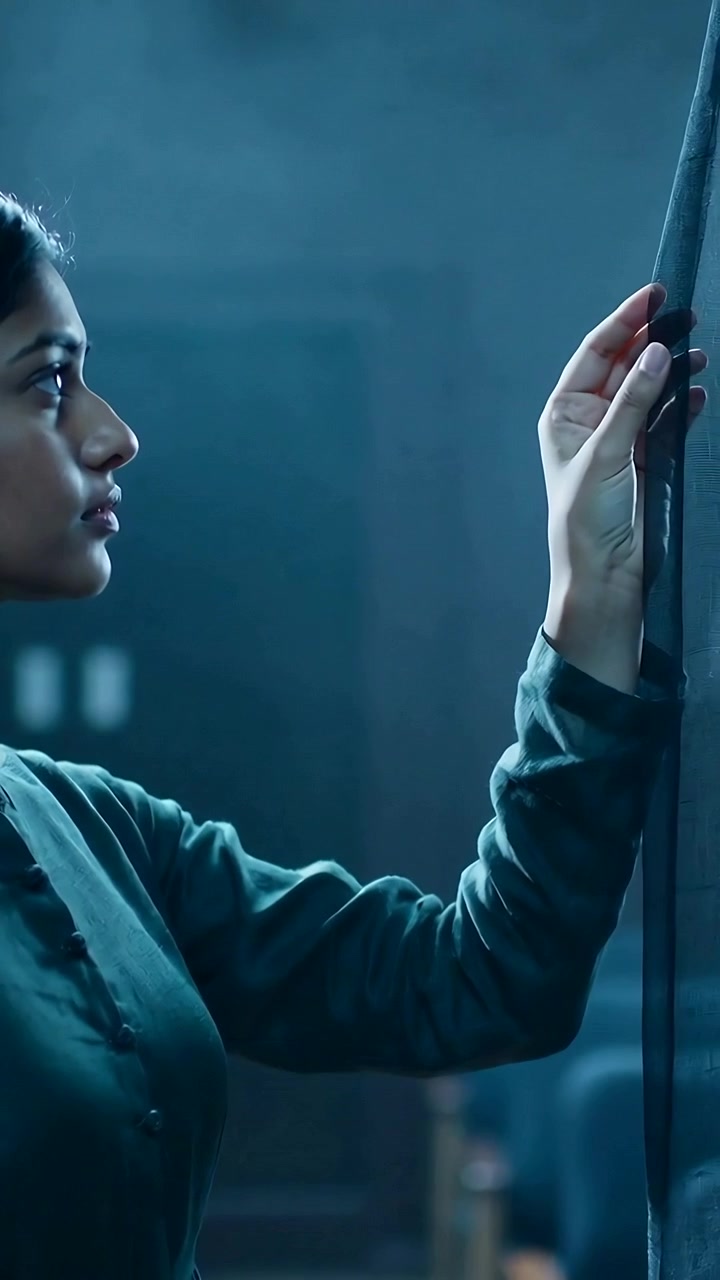 Vertical video: Reacting to cue, Indian woman in green dress reaching for cord at theatre, holding