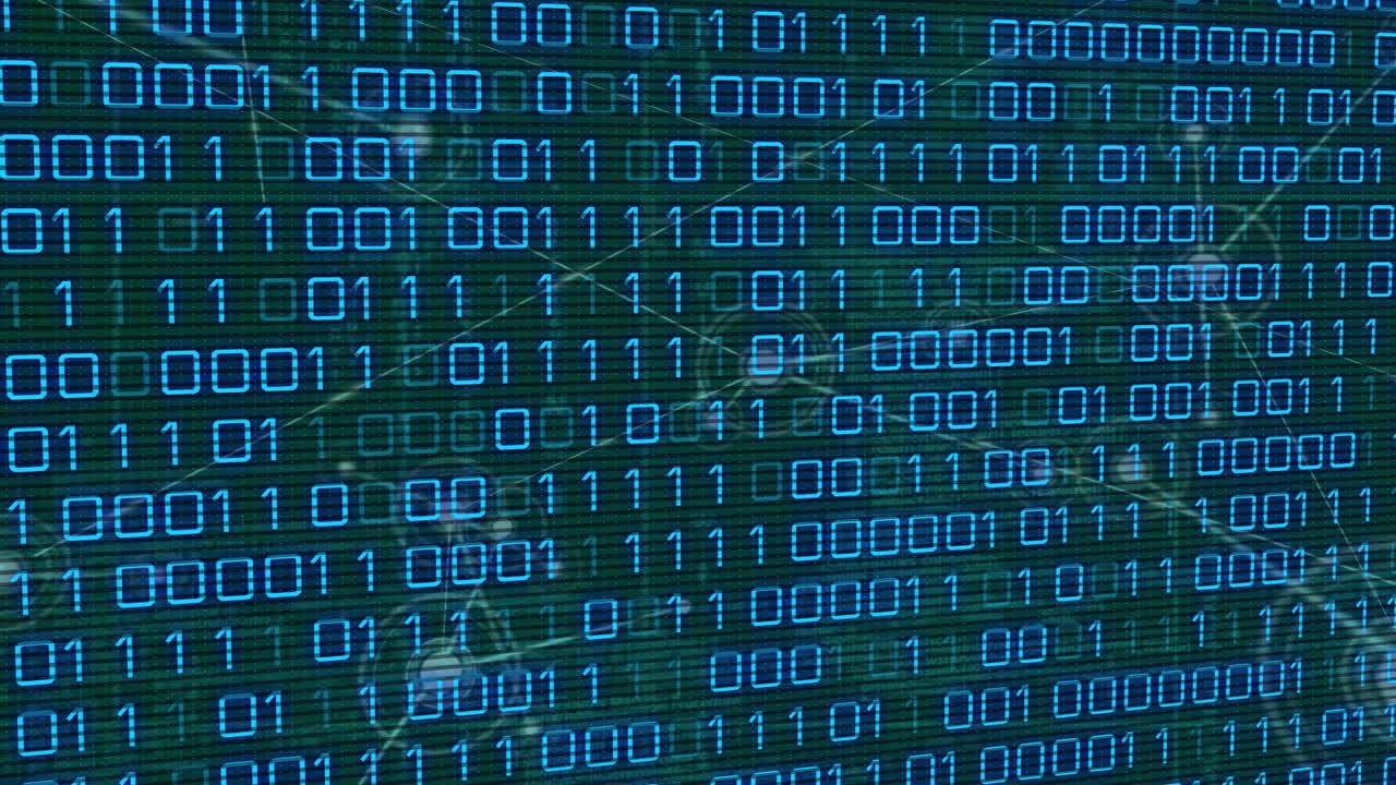 Animation of data processing and network of connections over black background