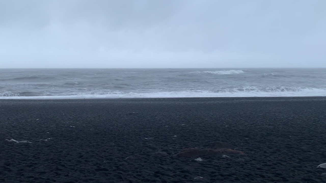 Waves crash onto a black sand beach under a cloudy, gray sky. The dark volcanic shore contrasts with the foamy white surf, creating a striking coastal scene in Iceland