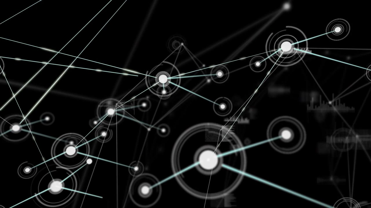 Pulserende central hub sender tynde cyanlinjer til perifere noder på sort datadisplayflade, HUD