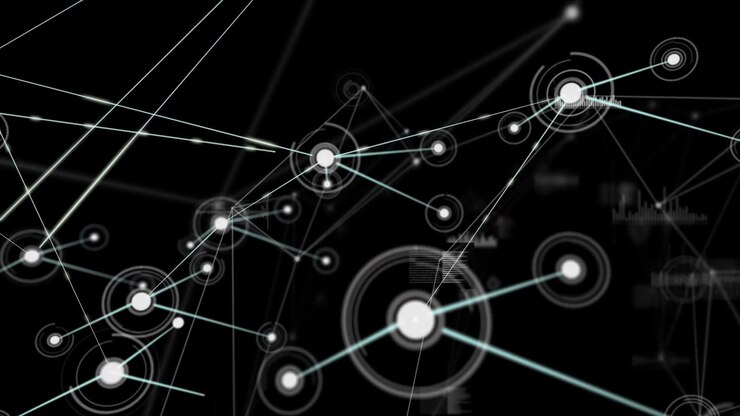 Pulsing central hub sending thin cyan lines to peripheral nodes on black data-display plane, HUD