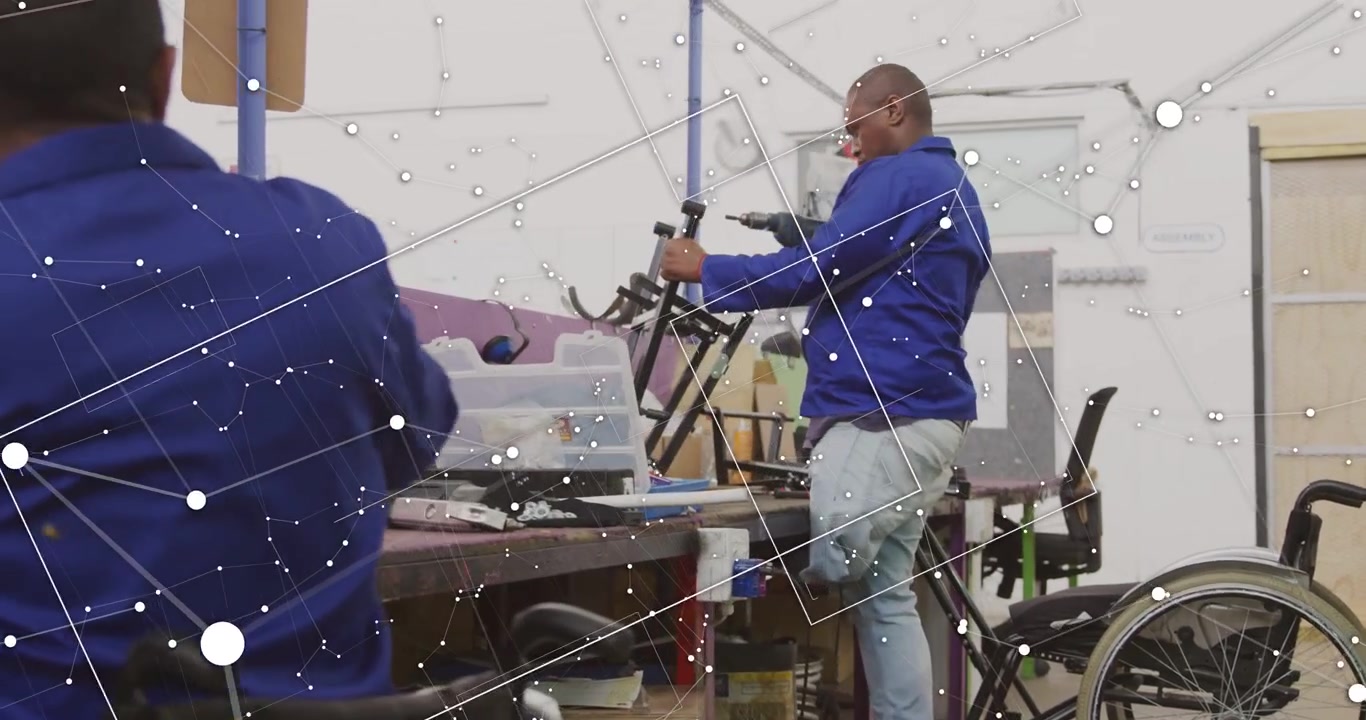 Man in blue jacket weight shifting, standing and lifting frame for repair, AR UI tracking parts