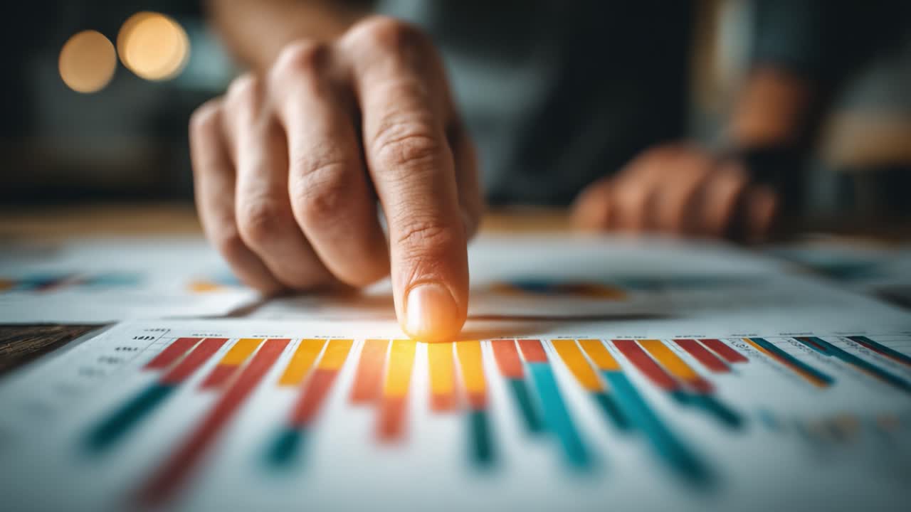 Analyzing Data Trends: A Close-Up of a Hand Pointing at Colorful Graphs and Charts to Highlight Business Performance and Insights for Informed Decision-Making