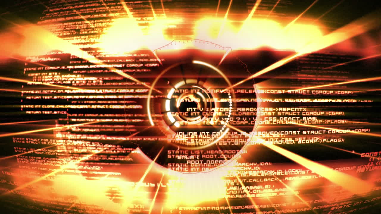 animación del procesamiento de datos sobre círculos brillantes y naranjas girando