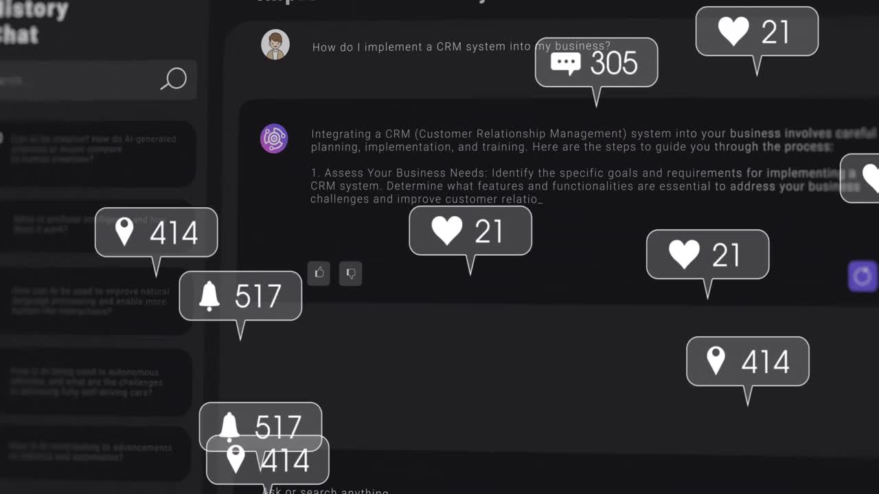 블랙 배경에 미디어 아이콘과 ai 채팅의 애니메이션