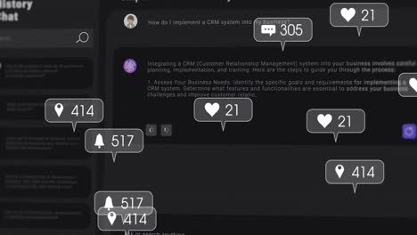 animación de iconos de medios y un chat en fondo negro